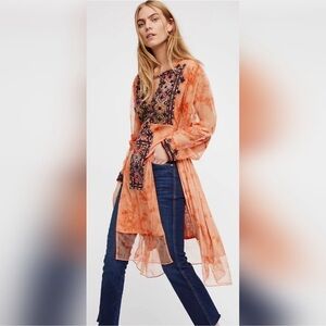 Free People Market Place Embroidered Bohemian Maxi Tunic Blouse